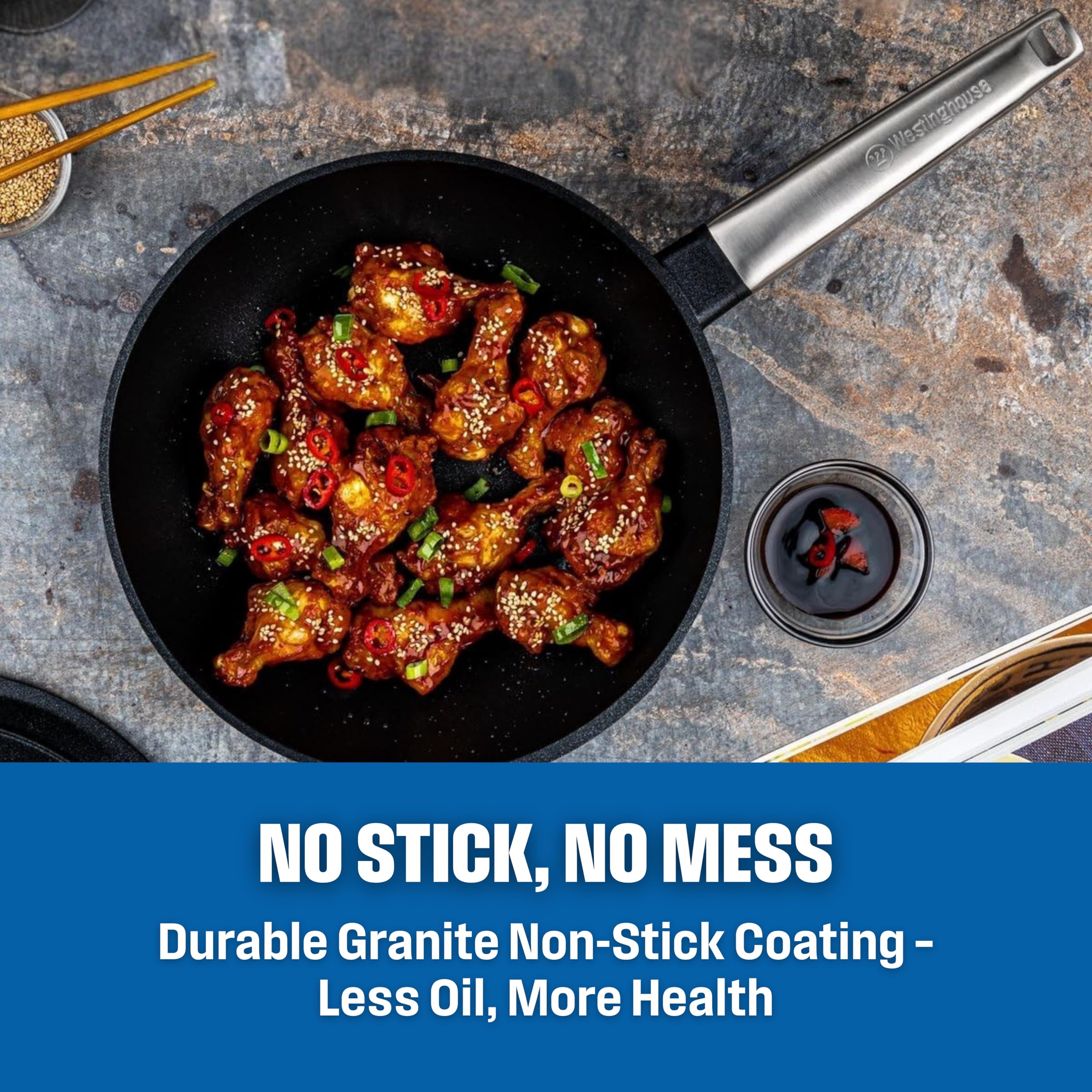 Westinghouse USA Performance Series - Padella wok antiaderente con coperchio, in alluminio pressofuso con rivestimento in QuanTanium, adatta a induzione e forno, manico in acciaio inossidabile