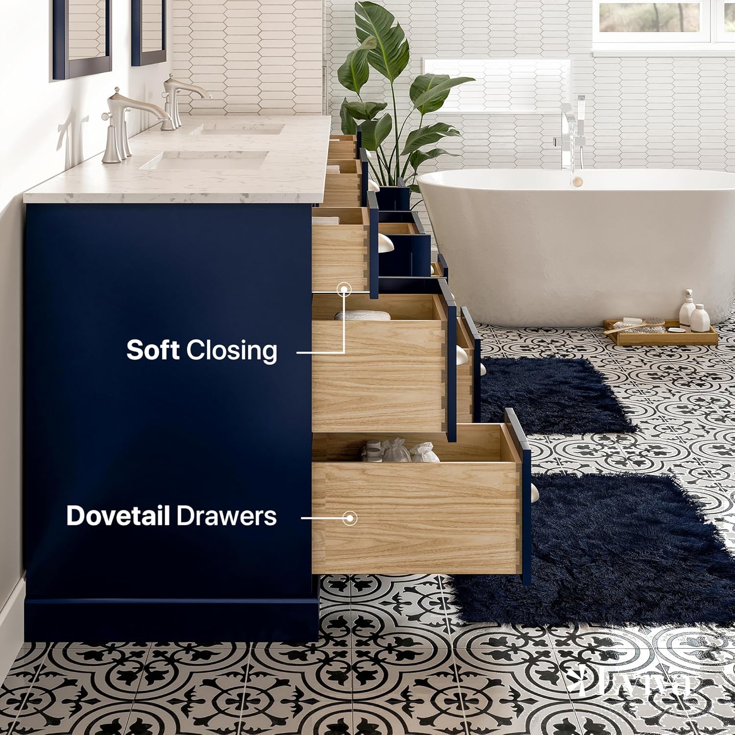 Eviva Blue Bathroom Vanity, 84 inch, Carrara Quartz Countertop - Double Sink - Soft-Closing Doors & Brushed Nickel Handles