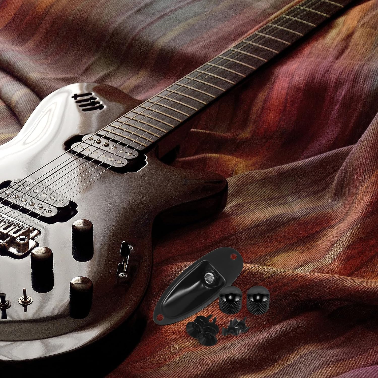 Kisangel Electric Guitar Accessories Kit with Output Jack Socket, Strap Buttons, Volume Knobs, and String Tree Set – Black Hardware Replacement for Electric Guitars