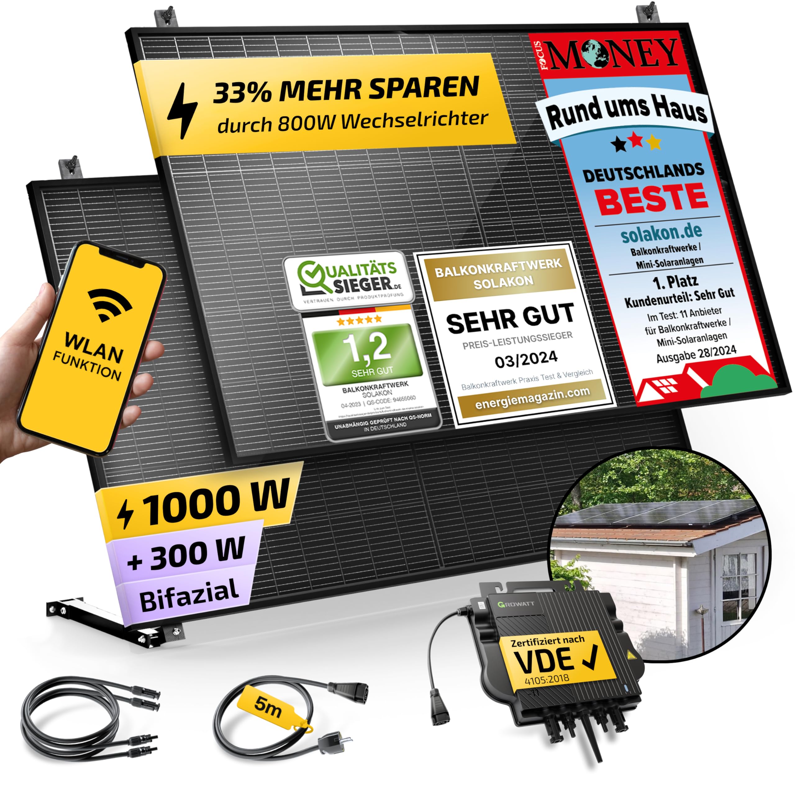 Solakon® 1000W Balkonkraftwerk mit Halterung (Gartenhaus) - 800W komplett Steckdose - neuester 800 Watt Wechselrichter - Solaranlage Komplettset - 500W bifaziale Solarmodule inkl. Zubehör