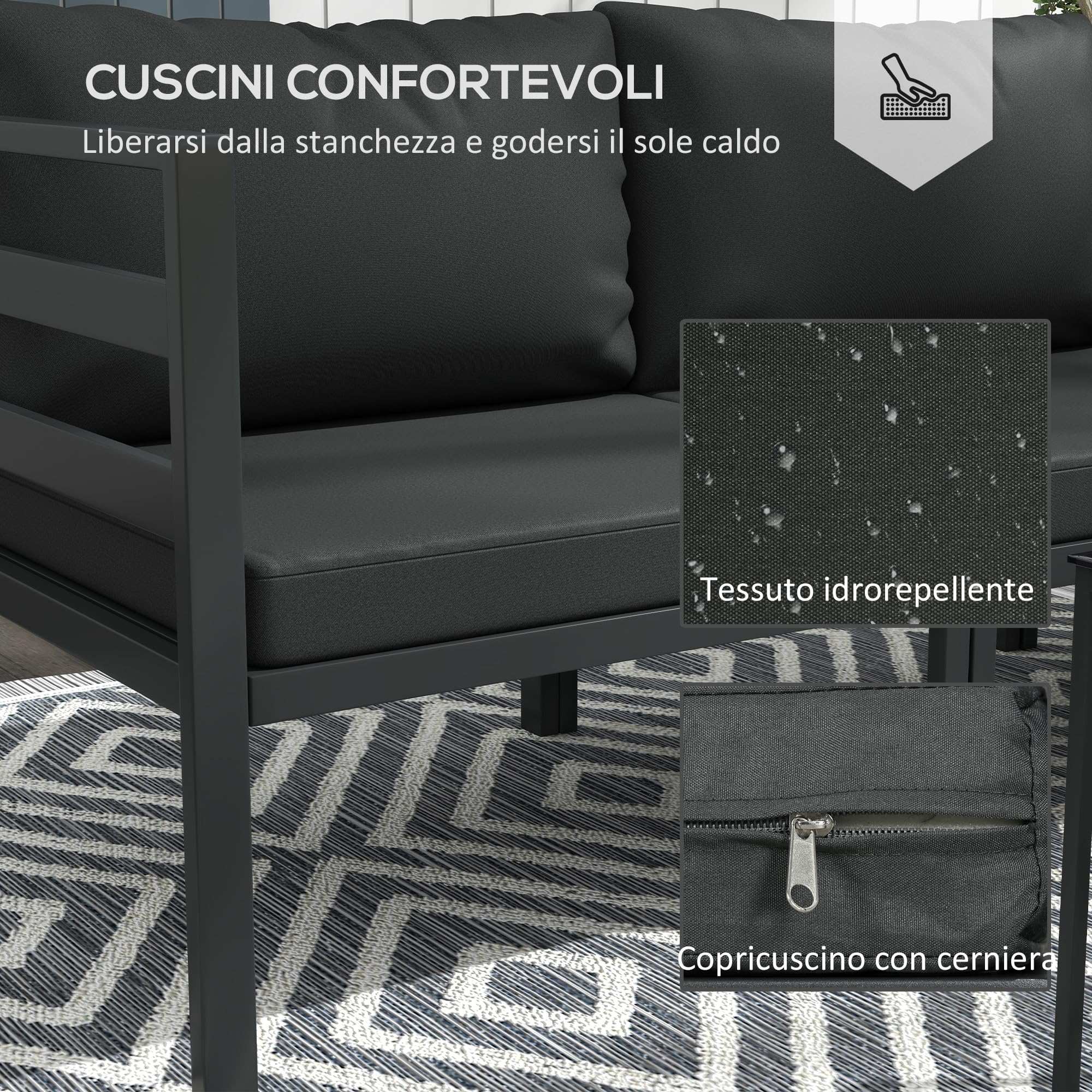 Outsunny Set Salotto da Giardino da 7 Pezzi 5 Poltrona da Esterno Grigio | 2 Tavolini da Caffè con Piano in Vetro, Cuscini, Set di Mobili in Acciaio e Poliestere