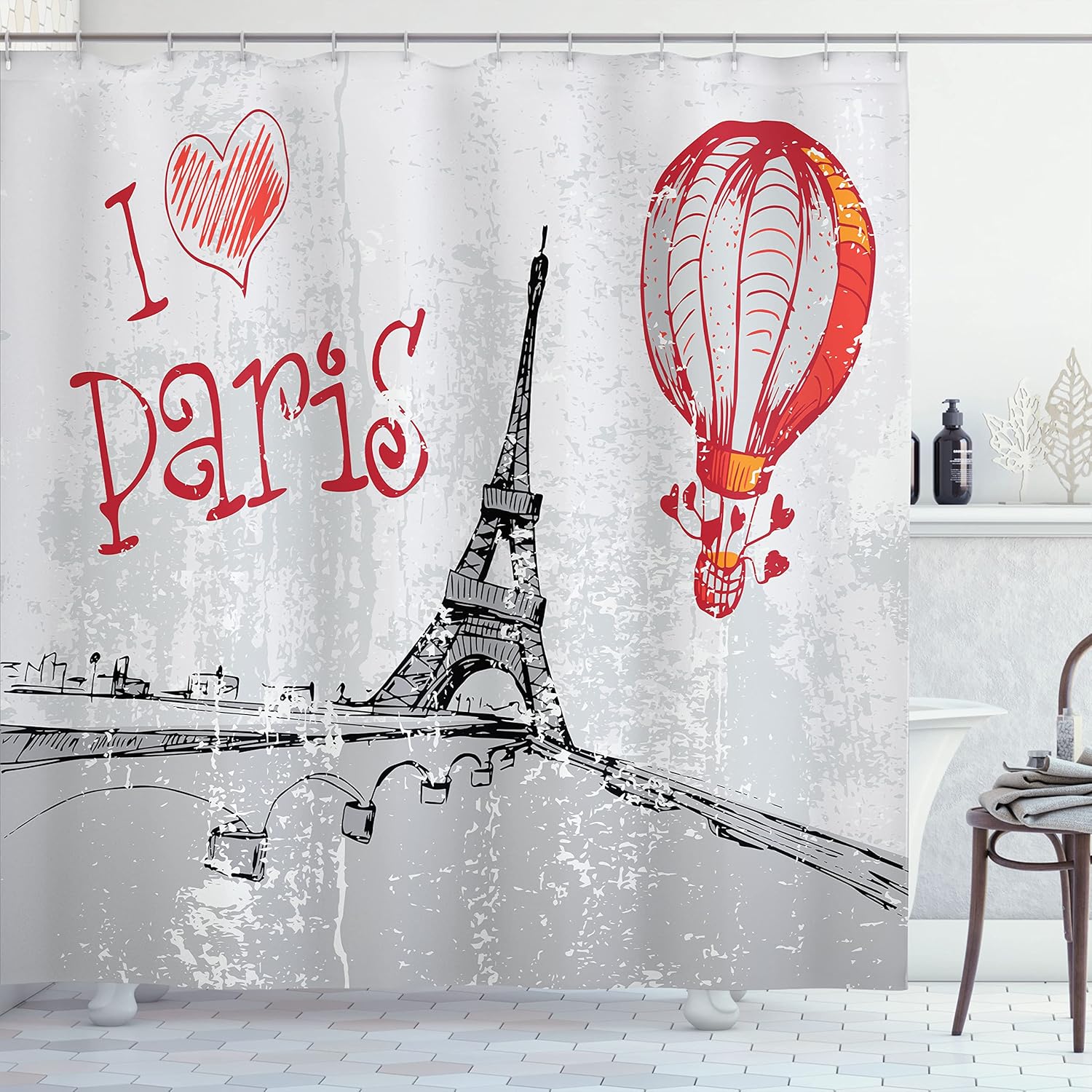 Ambesonne Love Shower Curtain, I Love Paris Romance Hot Air Balloon with Hearts Doodle Style Print Image, Cloth Fabric Bathroom Decor Set with Hooks, 69" W x 75" L, Red Black Grey
