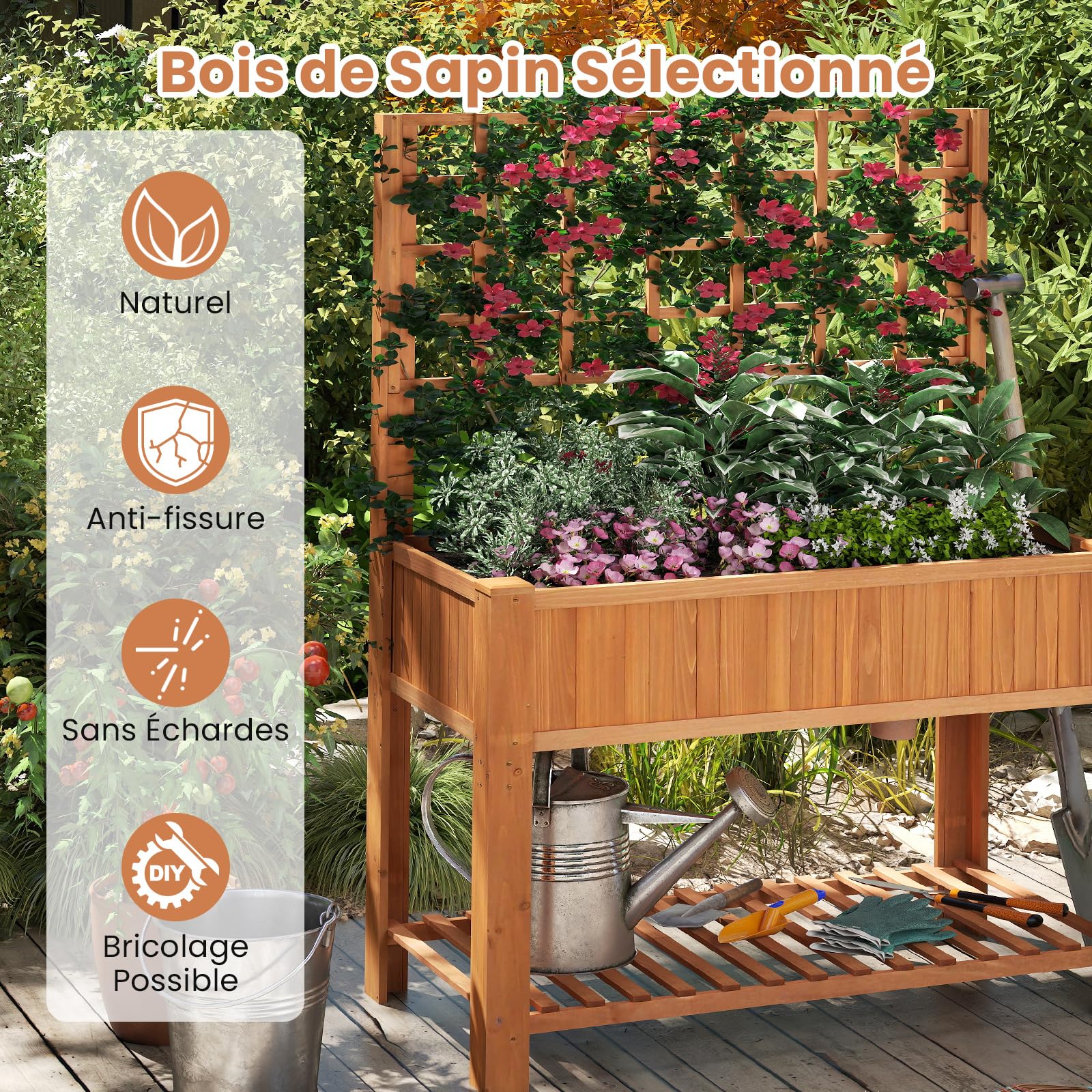 RELAX4LIFE Jardiniere sur Pieds avec Treillis, Jardiniere Treillis en Bois, Carre Potager sur Pied, Étagère Inférieure pour Outils, Trou de Drainage, Fond Amovible, pour FleursLégume Herbe (Marron)