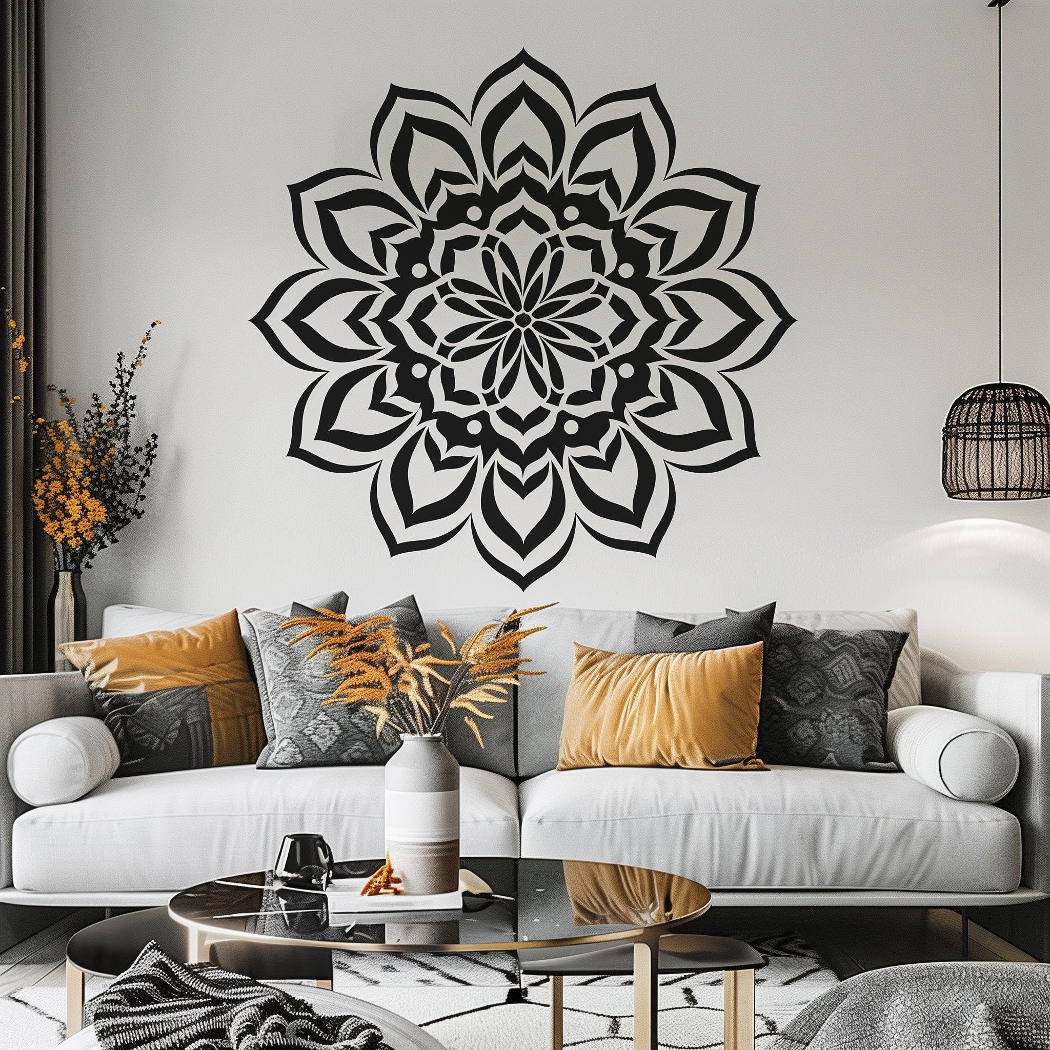 Adhesivo de pared con diseño de mandala para espacios de meditación y yoga, elegante calcomanía de vinilo extraíble para decoración del hogar y estudio, 134 x 134