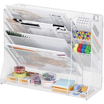 TQVAI 5 Compartments Metal Magazine Holder Wall Document Organiser with 3 Pen Holder A4 Paper Flyer Holder Mail Sorter Docume
