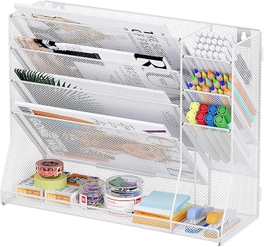 TQVAI 5 Tier Wall File Organiser with 3 Slots Pen Holder Stationary Organiser A4 Paper Document Storage Mesh Desk Tidy Supplies in Tray for Office Home School, White