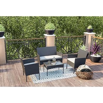 Amazon Com Cloud Mountain 4 Piece Patio Furniture Sets Rattan Wicker Outdoor Conversation Set Pool Backyard Lawn Use Black Wicker With Beige Cushions Garden Outdoor