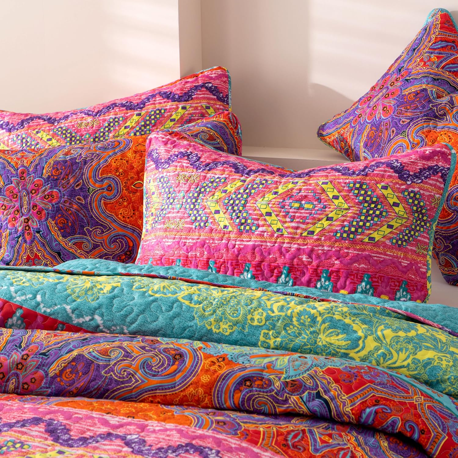 Bohemian Quilt Set Queen 3 Pieces Soft Microfiber Lightweight Colorful Bedspread Quilt Bohemian Bedding Set Exotic Yellow Orange Boho Quilt Set 1 Quilt and 2 Pillow Shams for All Season - Image 4