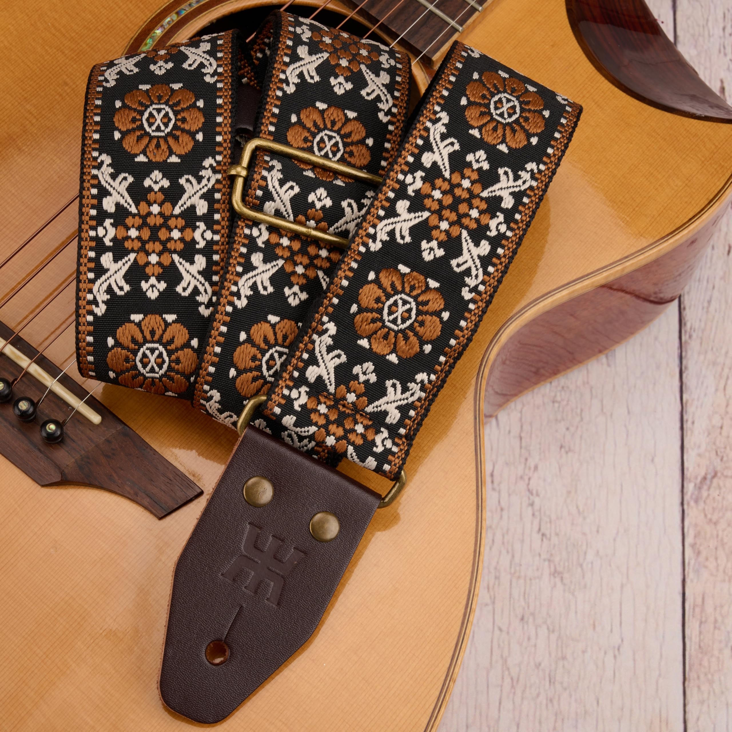 Amumu Brown Lucky Flower Embroidery Guitar Strap, Vintage Style with Top Grain Cowhide Leather Ends & Pick Pocket, Fits Bass - Image 2