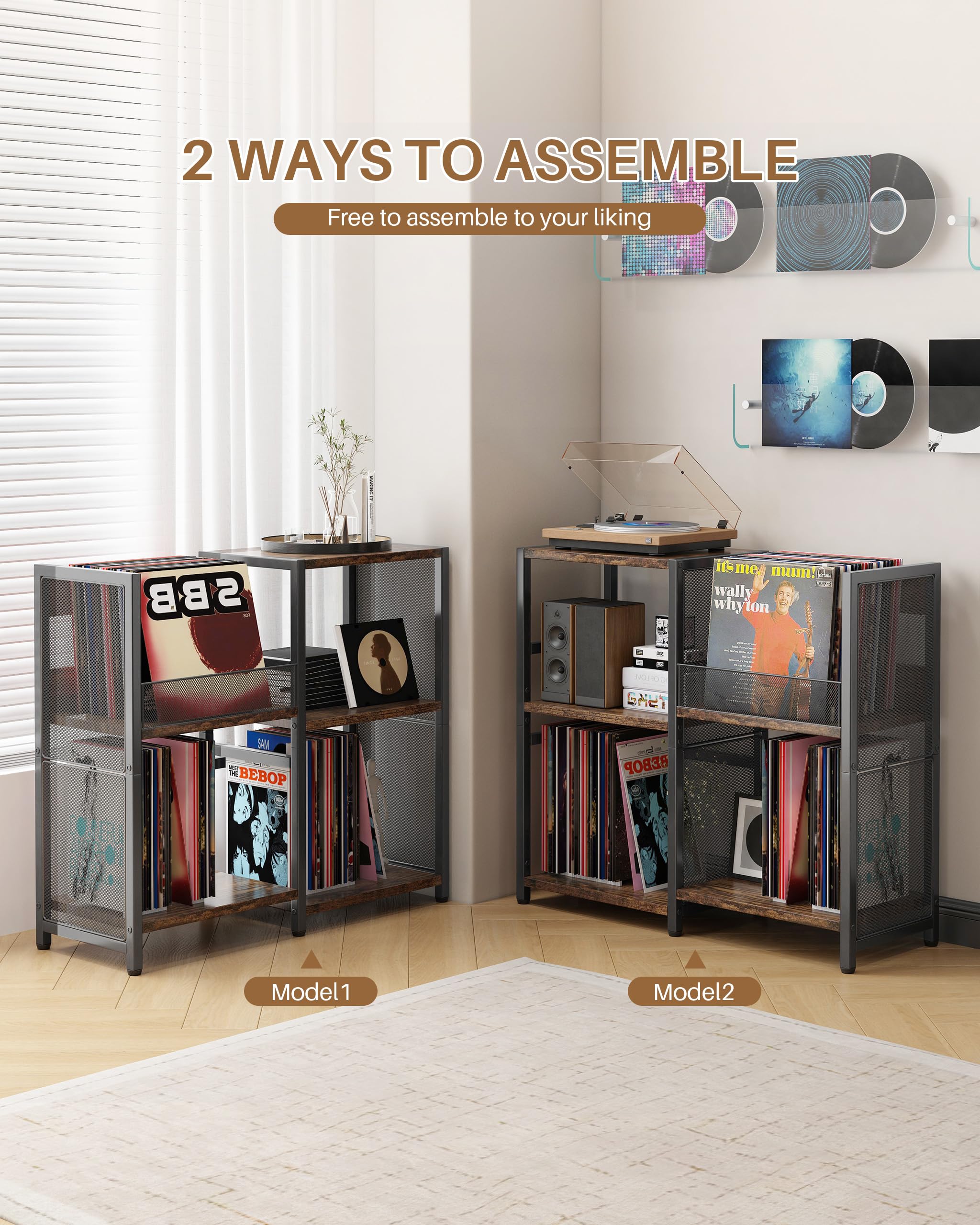 Meuble Platine Vinyle Vintage, Support pour 200 Albums, 3 Niveaux Métal Étagère de Rangement Disques pour Salon, Noir