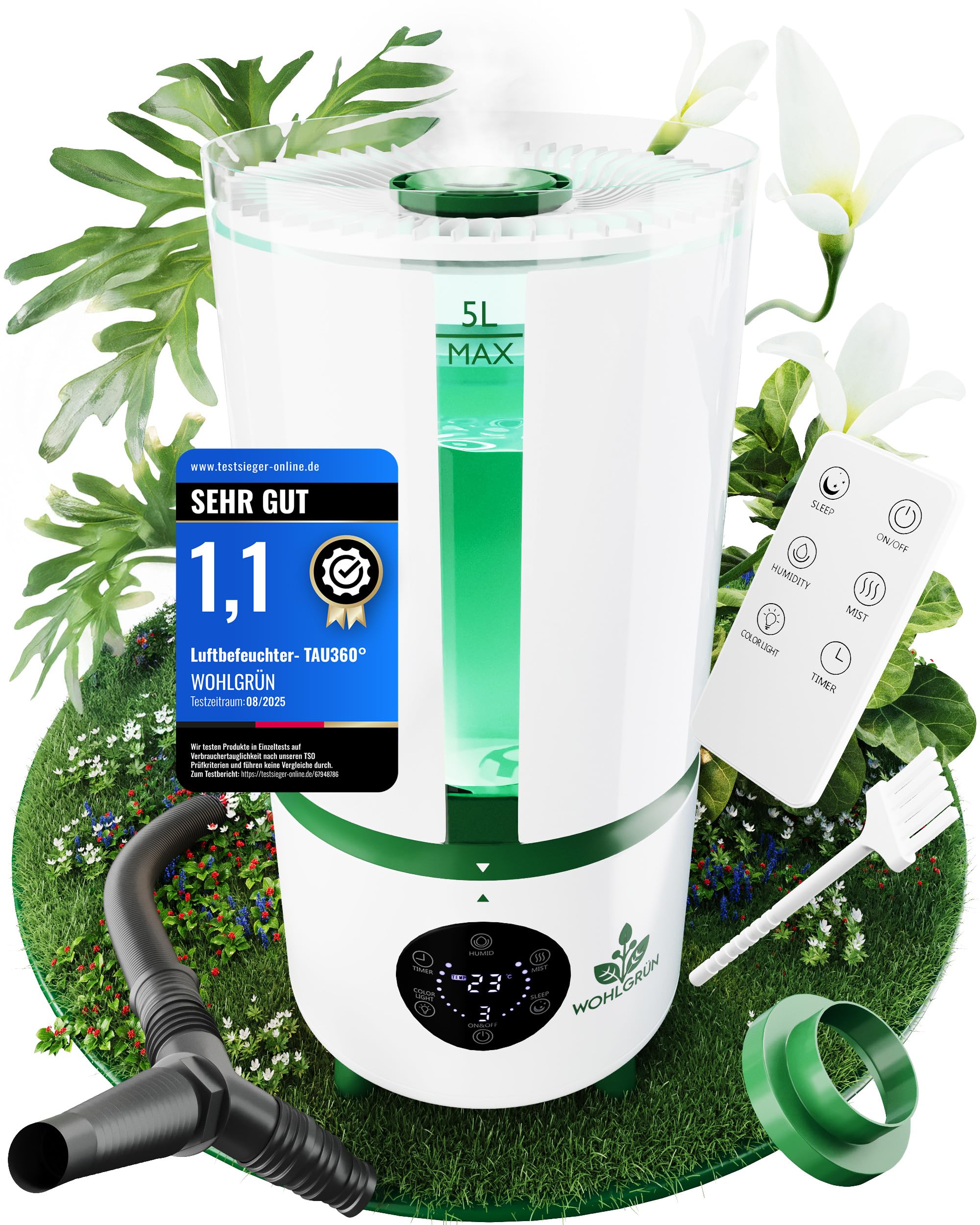 WOHLGRÜN TAU360 Ultraschall Luftbefeuchter 5L mit Hygrostat 360 Grad für Pflanzen Schlafzimmer Growzelt