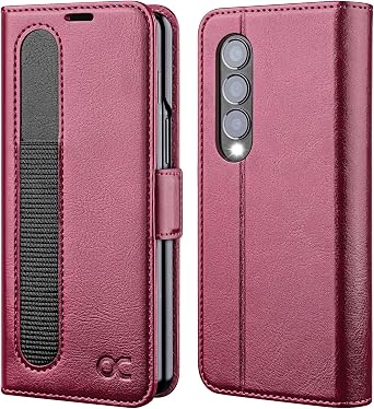 OCASE Compatible with Samsung Galaxy Z Fold 4 5G Wallet Case with S Pen Holder, PU Leather Flip Folio Case with Card Slots RFID Blocking Kickstand Phone Cover for Z Fold4 5G 2022 -Burgundy