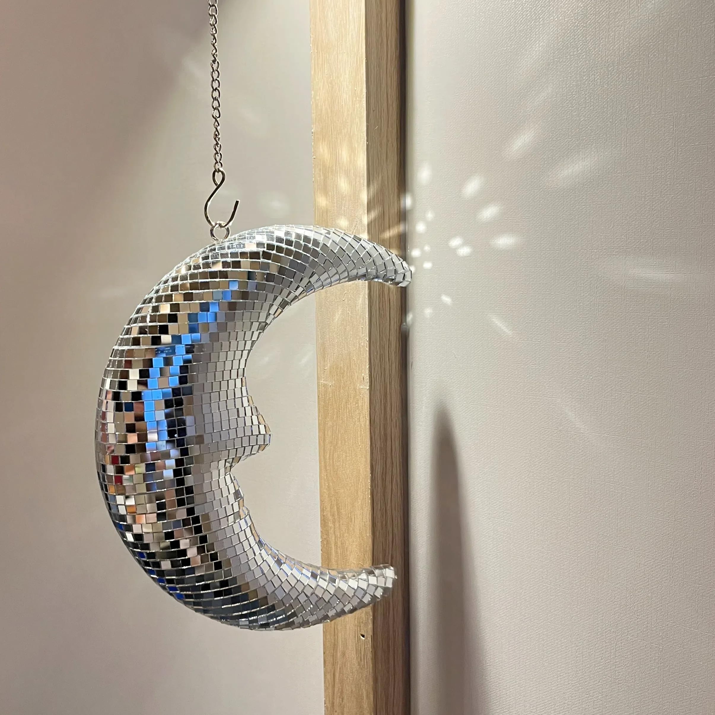 Yeehlmer Moon Shape Disco Decorative Hanging Ornaments Home Decor Vertical Chic Smile Moon Disco Ball Decor for Bedroom Living Room Apartment Office, Garden Decorative Wall Art with Hook