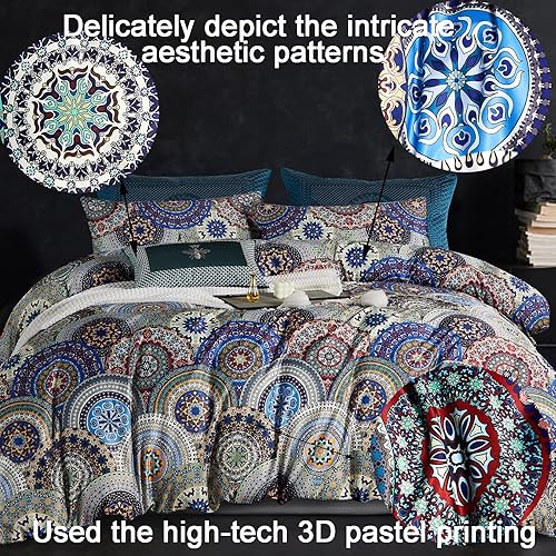 Miniatura 4 de MorroMorn Juego de funda de edredón bohemio de 3 piezas tamaño Queen, estético, shabby chic, hippie, retro, rústico, suave, ligero, azul marino
