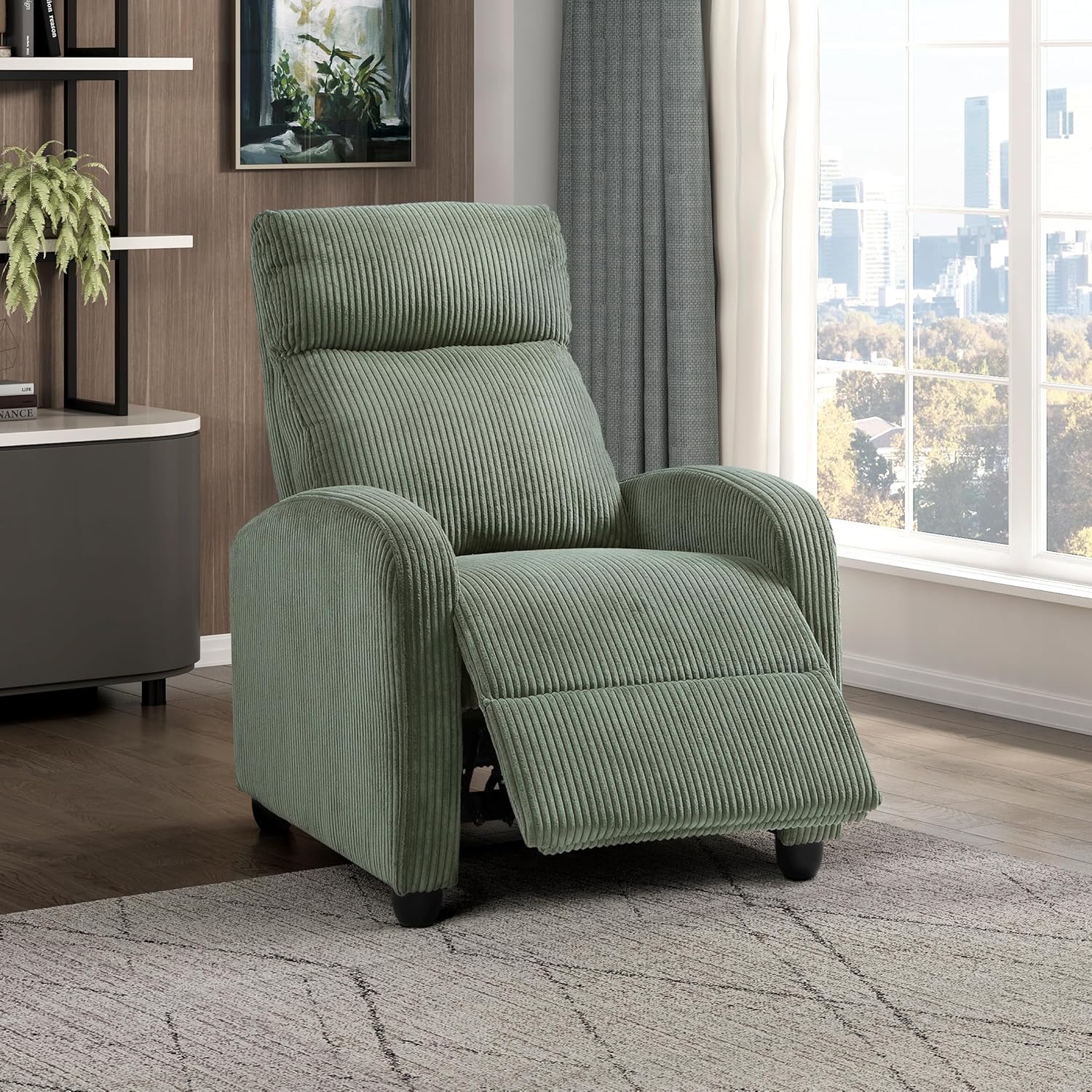Lexicon Corduroy Pushback Recliner Chair Armchair Push Back Recliner, Solid Wood Frame and Metal Seat Base, Soft Single Sofa Accent Chair for Living Room/Office/Apartment, Easy Assembly, Green