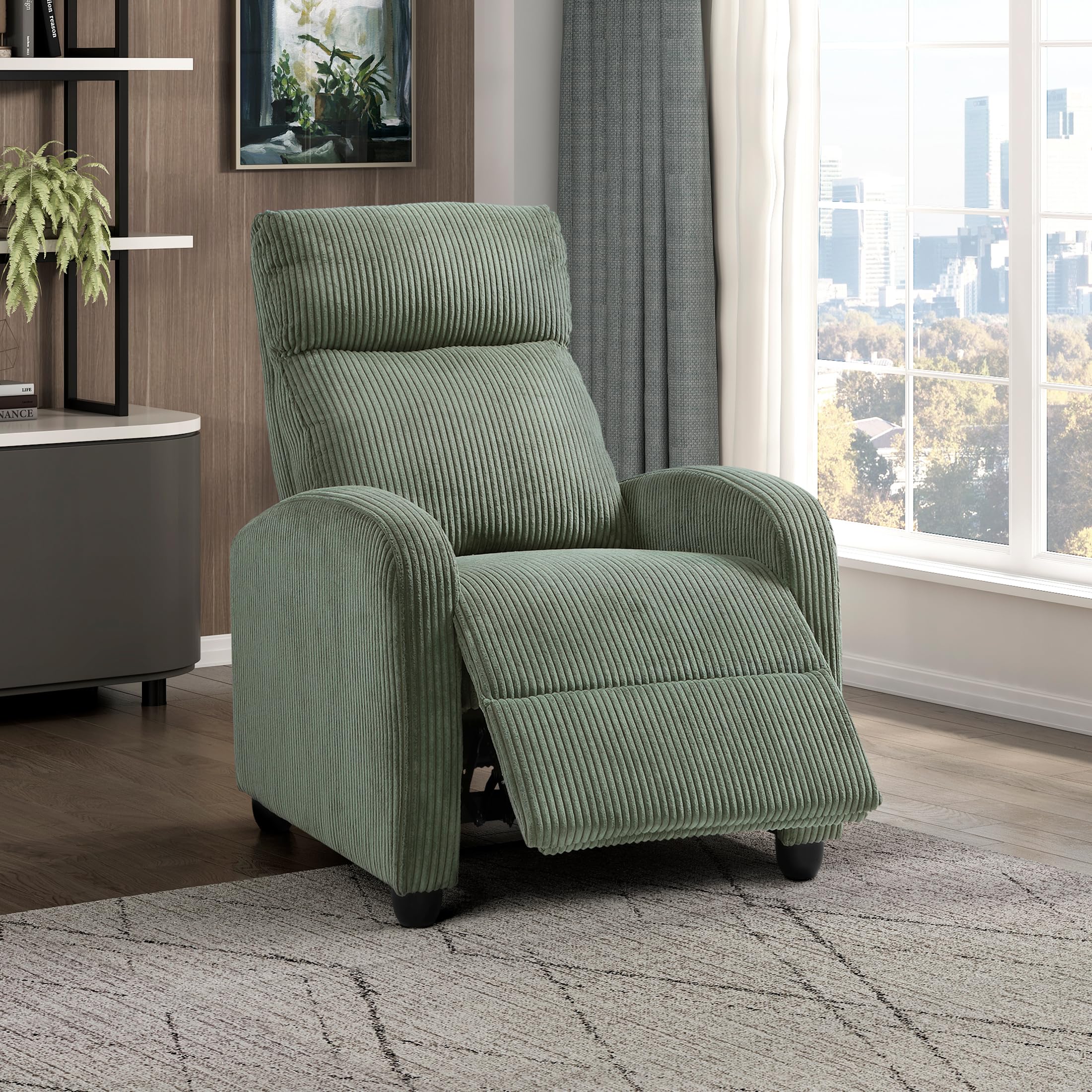 Lexicon Corduroy Pushback Recliner Chair Armchair Push Back Recliner, Solid Wood Frame and Metal Seat Base, Soft Single Sofa Accent Chair for Living Room/Office/Apartment, Easy Assembly, Green