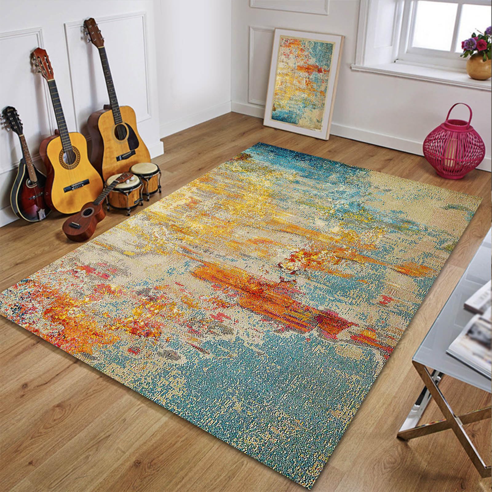 Tapis aquarelle moderne 170x170 cm multicolore à poils courts