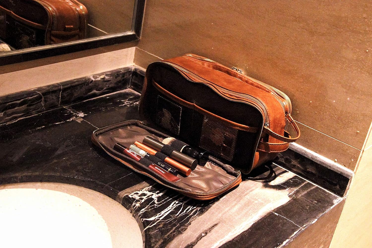 Personalized Leather Kit for Men Travel Toiletry Bag Cosmetic Shaving Bag Brown