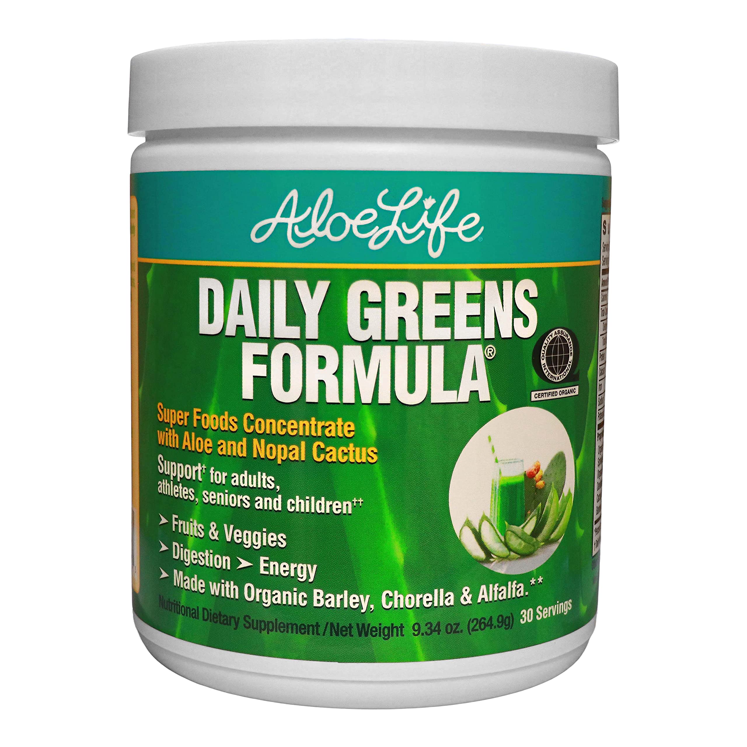 Aloe Life - Daily Greens Powder, QAI Certified Organic Dietary Supplement, Superfood, 21 Fruits, Veggies, & Herbs Including Aloe & Nopal Cactus, Low-Calorie, Keto-Friendly, Gluten-Free (30 Servings)