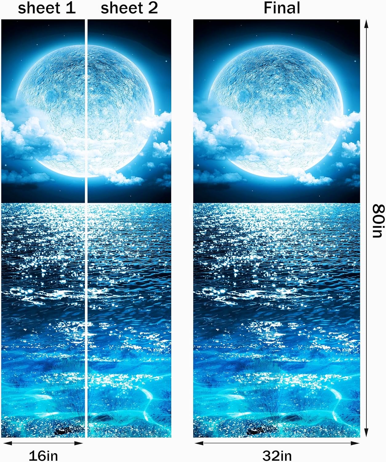 FLFK Door Mural Sticker - Ocean Moon,Peel and Stick,Combined Size 32"x80",Split into 2 Pieces