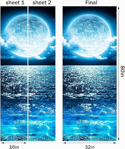 Miniatura 2 de FLFK Adhesivo mural para puerta, luna oceánica, despegar y pegar, tamaño combinado 32 x 80 pulgadas, dividido en 2 piezas