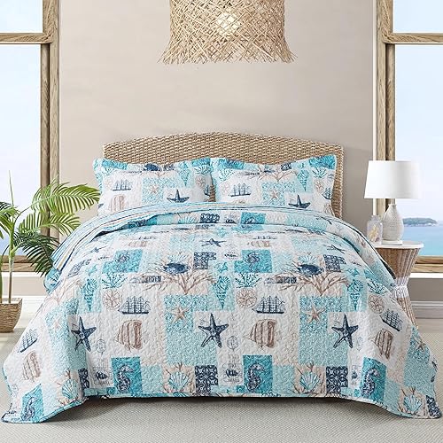 Vista 51 de NEWLAKE Juego de colcha de algodón, juego de colcha reversible de retazos, estampado real clásico turquesa, tamaño Queen Turquesa Clásico
