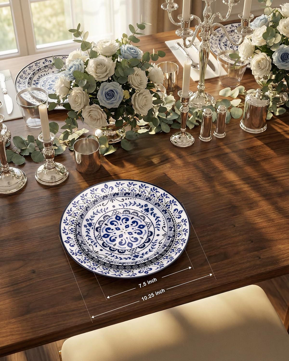 Hioasis 60pcs Blue Plastic Plates Set - Floral Blue & White Porcelain Design, 10.25" Dinner & 7.5" Dessert Plates Disposable for Wedding (Dishwasher Safe, Traditional Style)