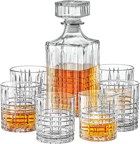 Style Setter Juego de decantador de whisky con vasos, prestigioso juego de whisky con decantador de licor de 25 onzas y 6 vasos, decantador de