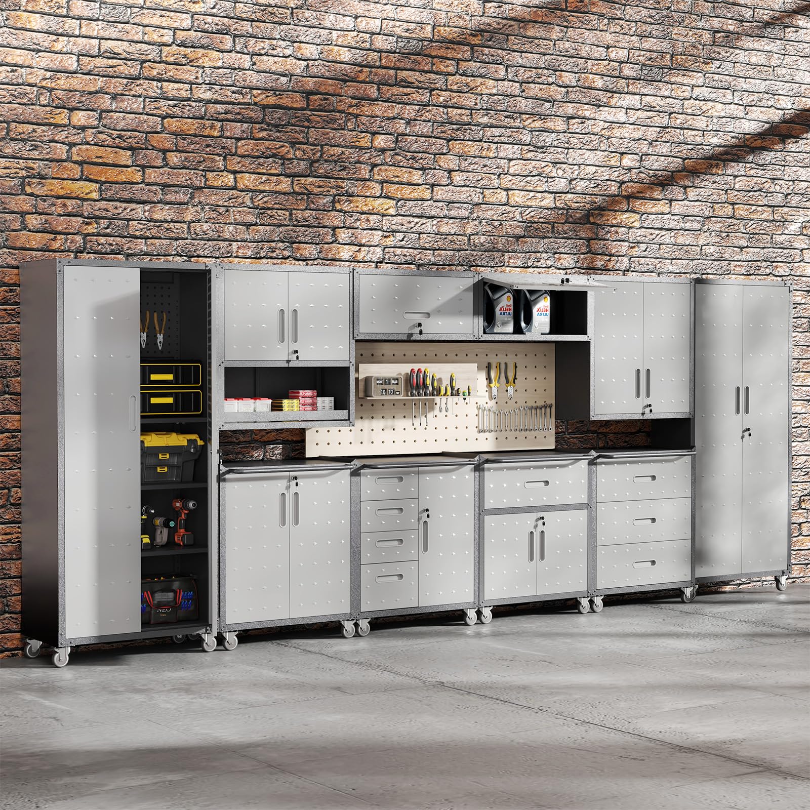 FLIXELIO 5 PCS Garage Storage Cabinets System Heavy Duty Workshop Set with Drawers Locking Rolling Cart with Adjustable Shelves Garage Tool Workbench Cabinets