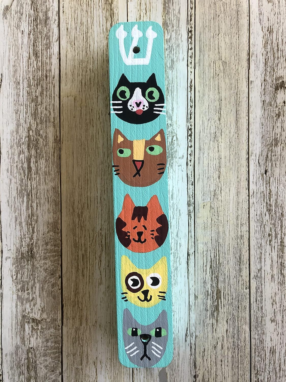 Cat Mezuzah, Children's Scroll Case, Hand Painted Wood, Door Blessing (Teal, No Scroll)