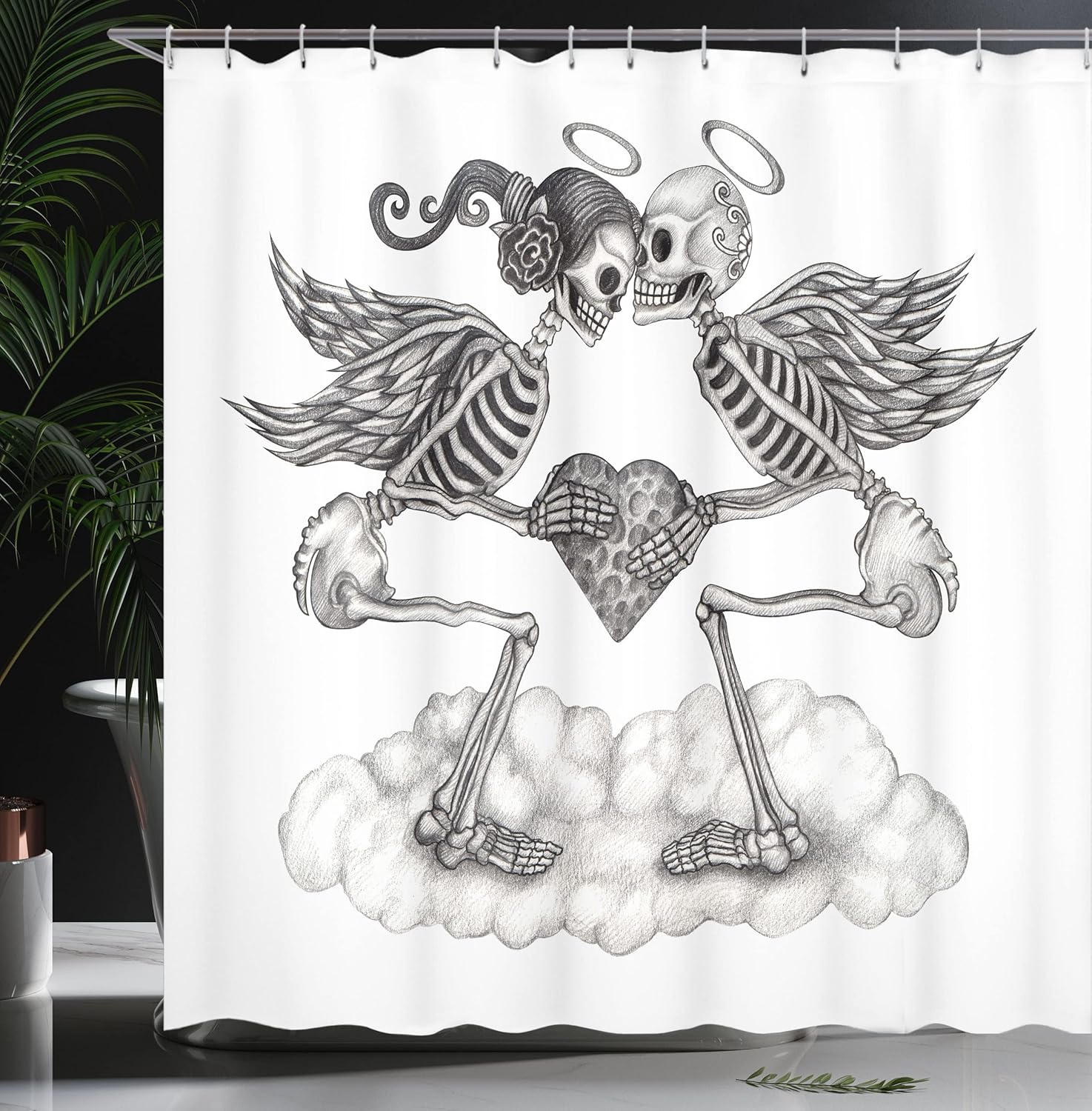 Ambesonne Mexican Shower Curtain, Cupids Skull Skeleton Festival Wings Wedding Vintage Valentine Smiles, Cloth Fabric Bathroom Decor Set with Hooks, 69" W x 84" L, Black White
