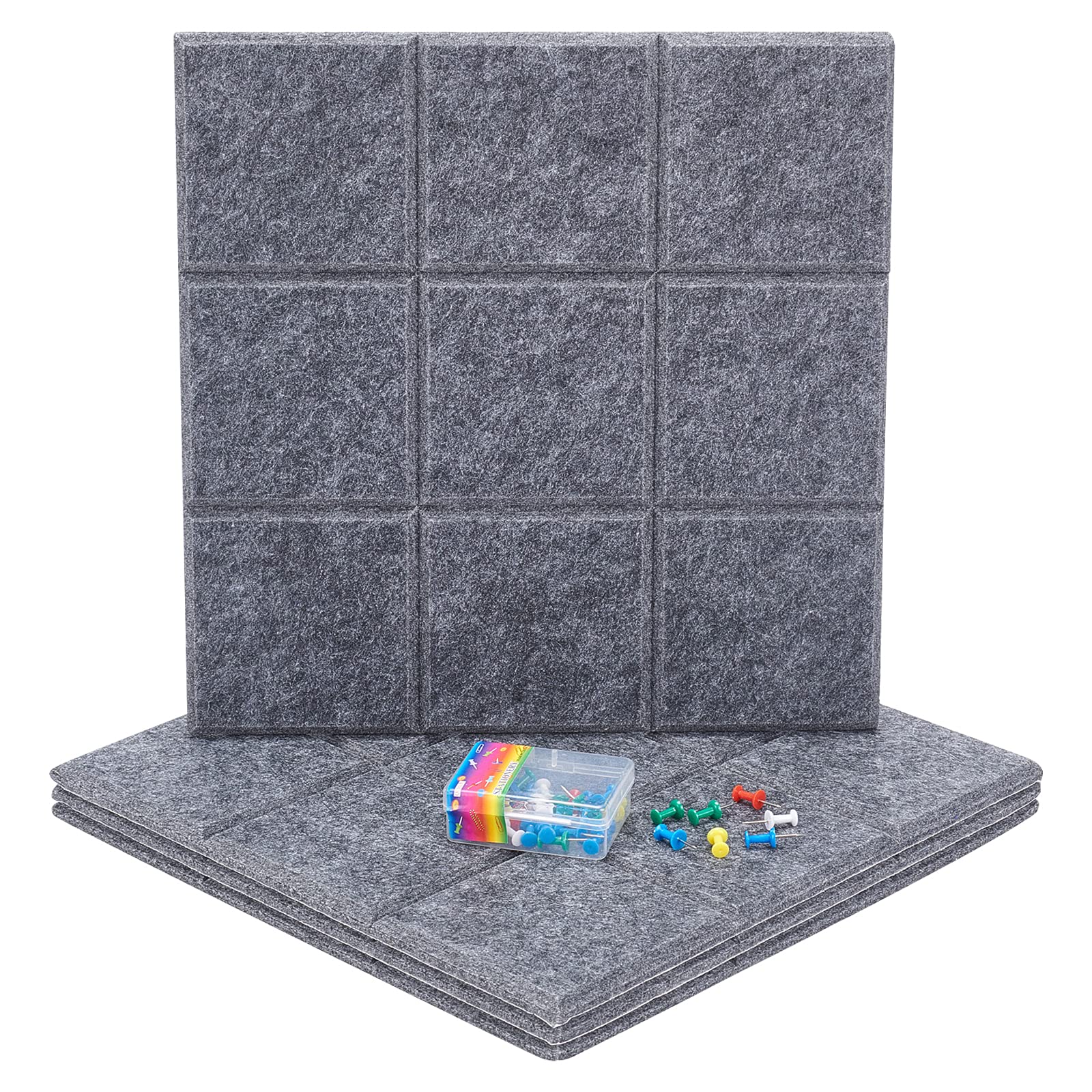nbeads 4 STK. Filz Pinnwand, Quadratisches Filzbrett Schallabsorbierende Dekorplatte Memo Bulletin Wall Board Mit 40 Push Pins Für Office Home Decor, Grau, 30x30 cm
