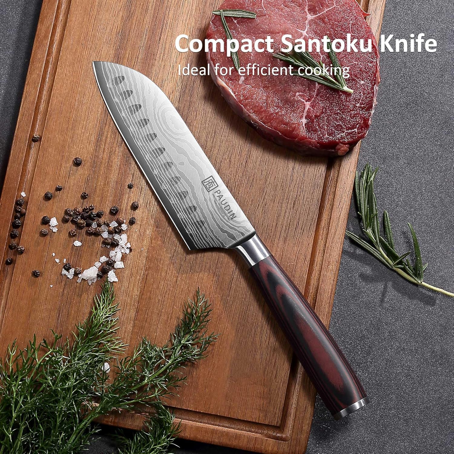 PAUDIN Santoku Knife, Chef Knife 5 inch Ultra Sharp Kitchen Knife, Japanese Chef Knife with Sheath, High Carbon Stainless Steel, Ergonomic Pakkawood Handle - Image 4