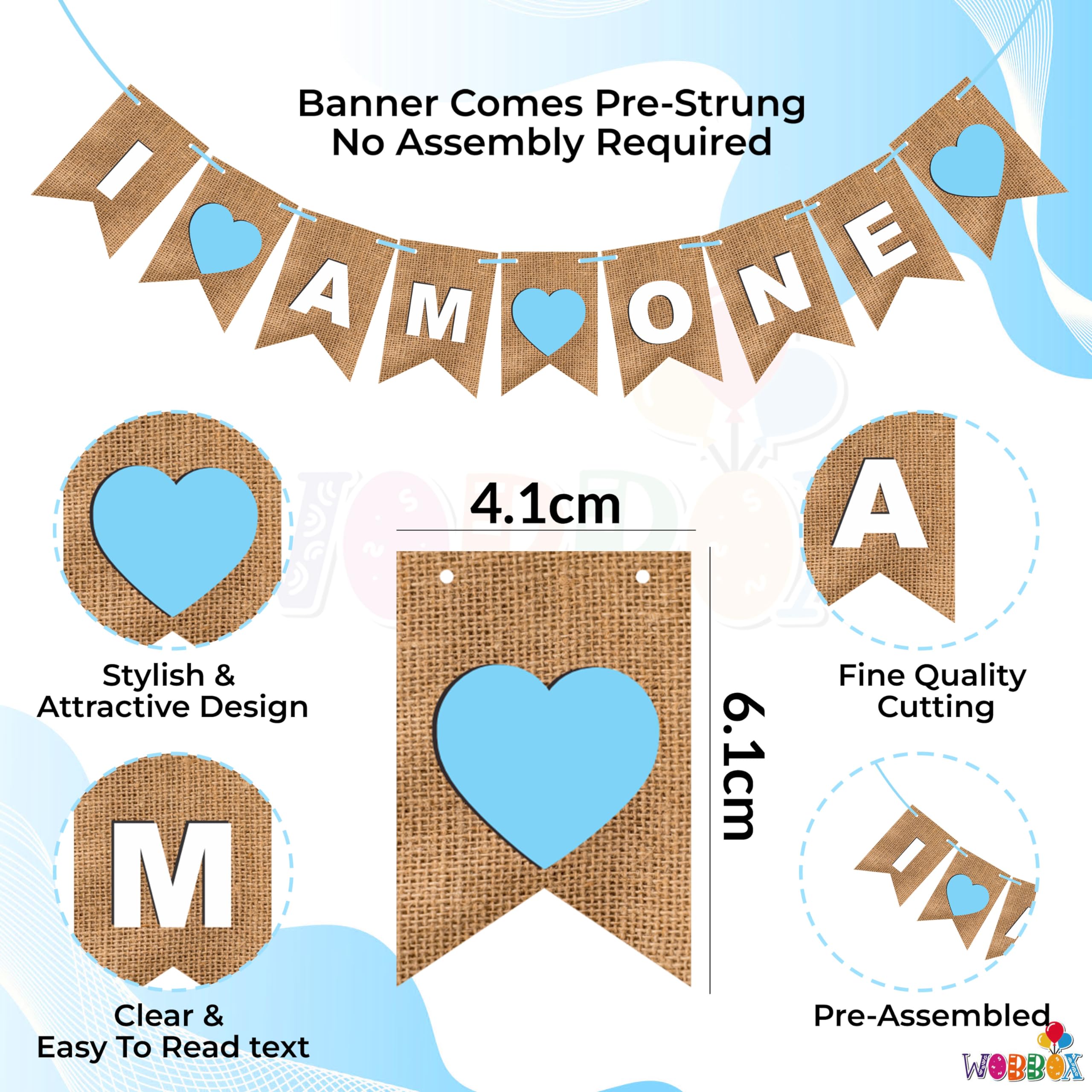Wobbox First Birthday Party Banner Reverse Cutting "I am One" Party Decoration, Blue, Birthday Decoration Item — Amazon image 2