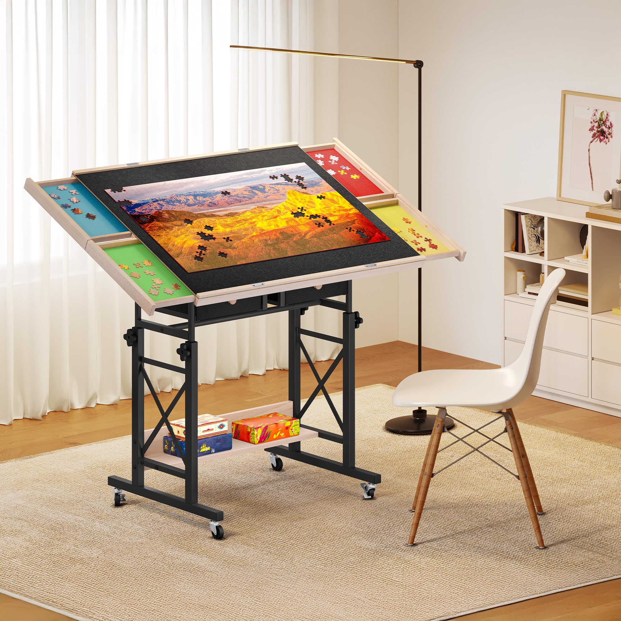 YITAHOME Table de puzzle de 1500 pièces avec 4 tiroirs, planche de puzzle inclinable réglable avec angle d'inclinaison et réglage de la hauteur, tables de puzzle portables avec couvercle et étagère de