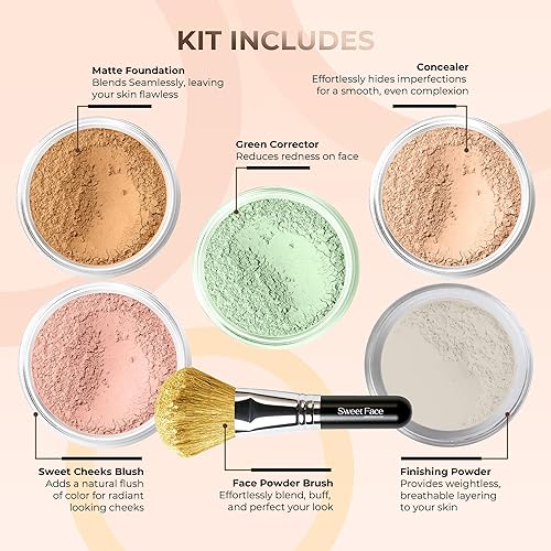 Miniatura 2 de Kit de 5 piezas con cepillo facial (DEEP TAN) Set de maquillaje mineral de tamaño completo polvo piel desnuda mate base