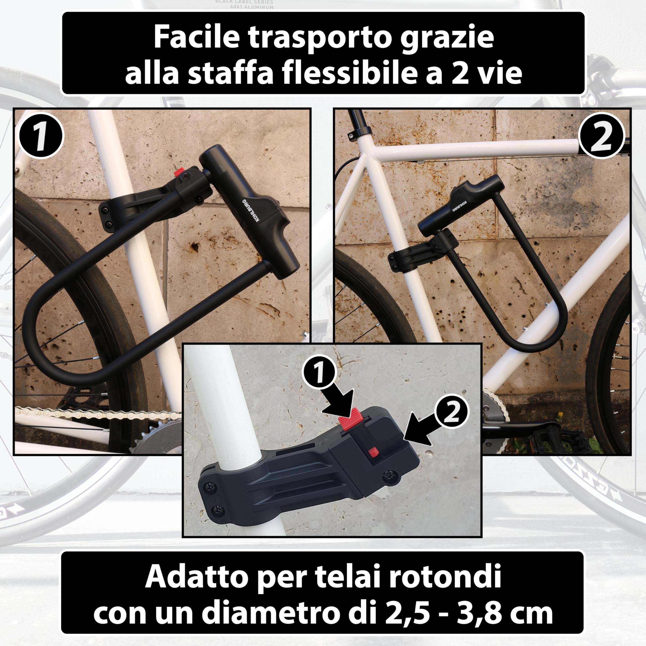 KOHLBURG Antifurto ad arco – Massimo livello di sicurezza 15/15 con cavo da 170 cm – Antifurto ad arco grande con supporto per e‑bike & bicicletta – Serratura bici alta sicurezza – U‑Lock Bike