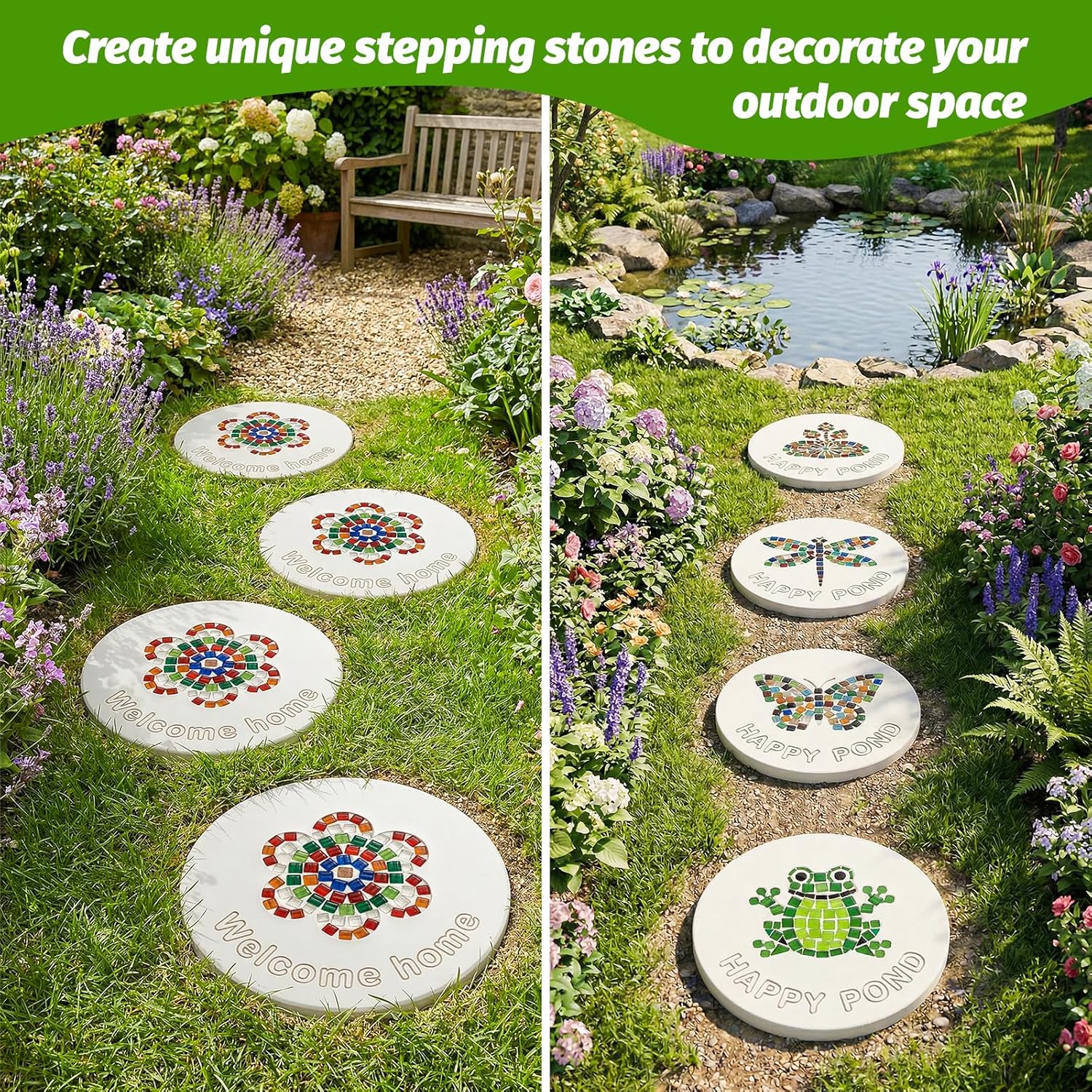 U0U 10PCS Stepping Stone Kit Includes Round Cement Molds, Mosaic Tiles and Carving Tools,DIY Garden Stepping Stone kit for Kids,Family,Outdoor Walkways Pavement Decoration (Transparent, 10inch)