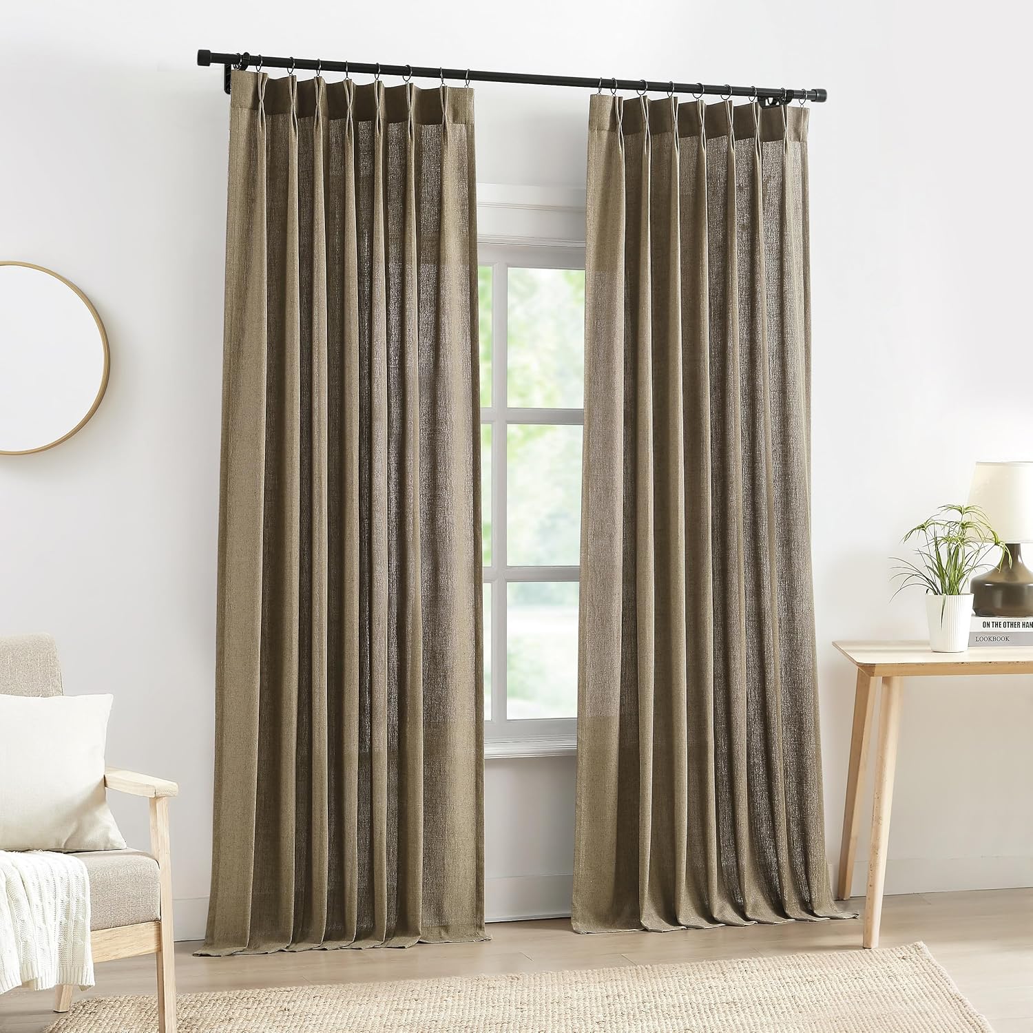 Central Park Café Brown Pinch Pleat Light Filtering Curtain Panel with Microfiber Liner 95 Inches for Living Room, Linen Blended Window Treatment Drape for Bedroom with Back Tabs Hooks, 40" Wx95 Lx2