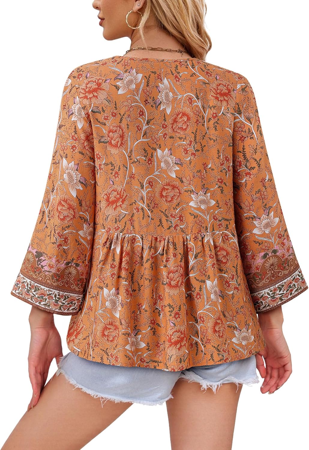 Unixseque Summer Boho Womens Tops Floral Print Dressy Casual V-Neck Tie Front Trendy Fall 3/4 Sleeve Blouses - Image 3
