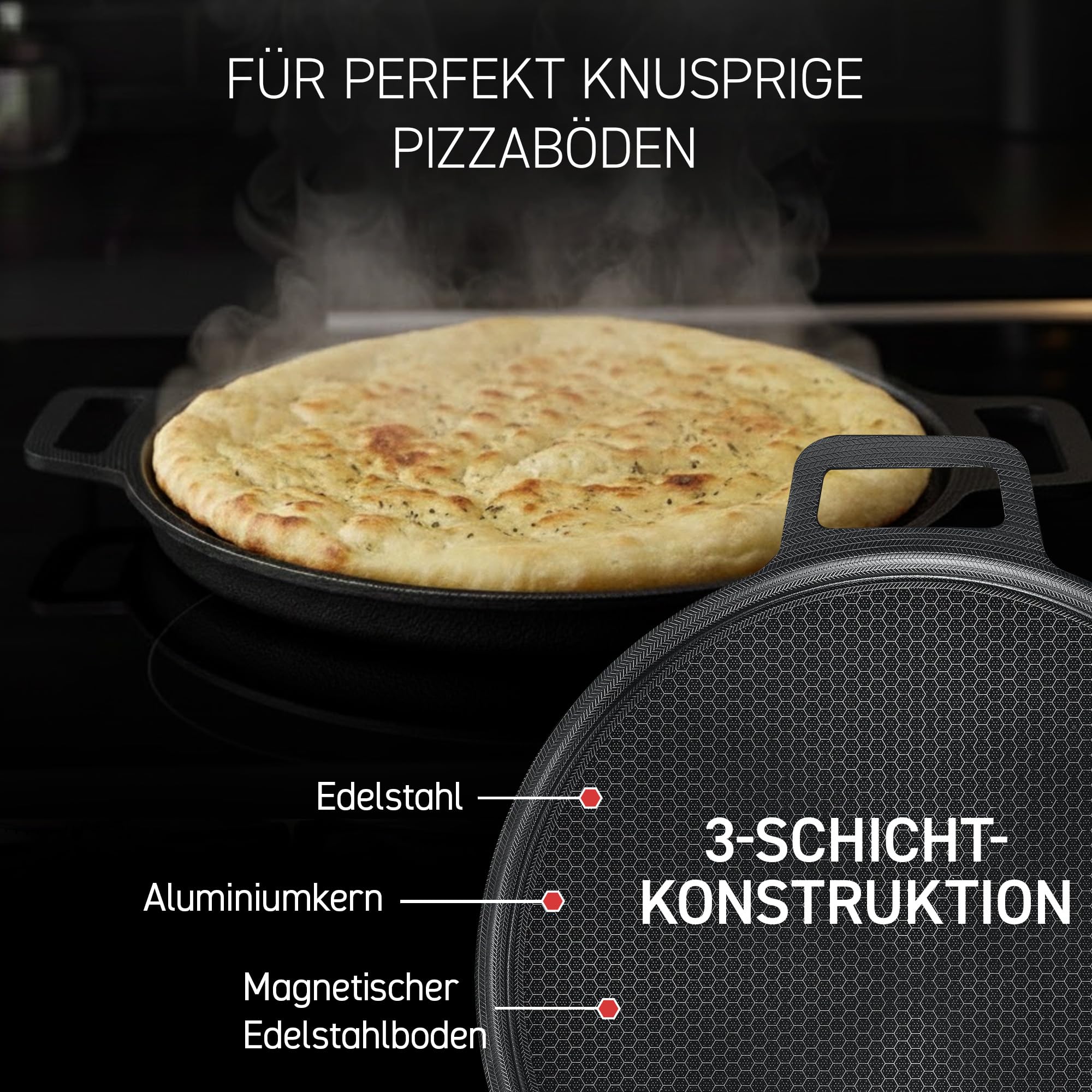 HexClad Hybrid-Pizzastahl – Backstahl für knusprige Pizzaböden | Antihaft-Beschichtung, grill- & ofenfest bis 480°C, Pizzablech für Pizzen & Fladenbrote bis 35 cm