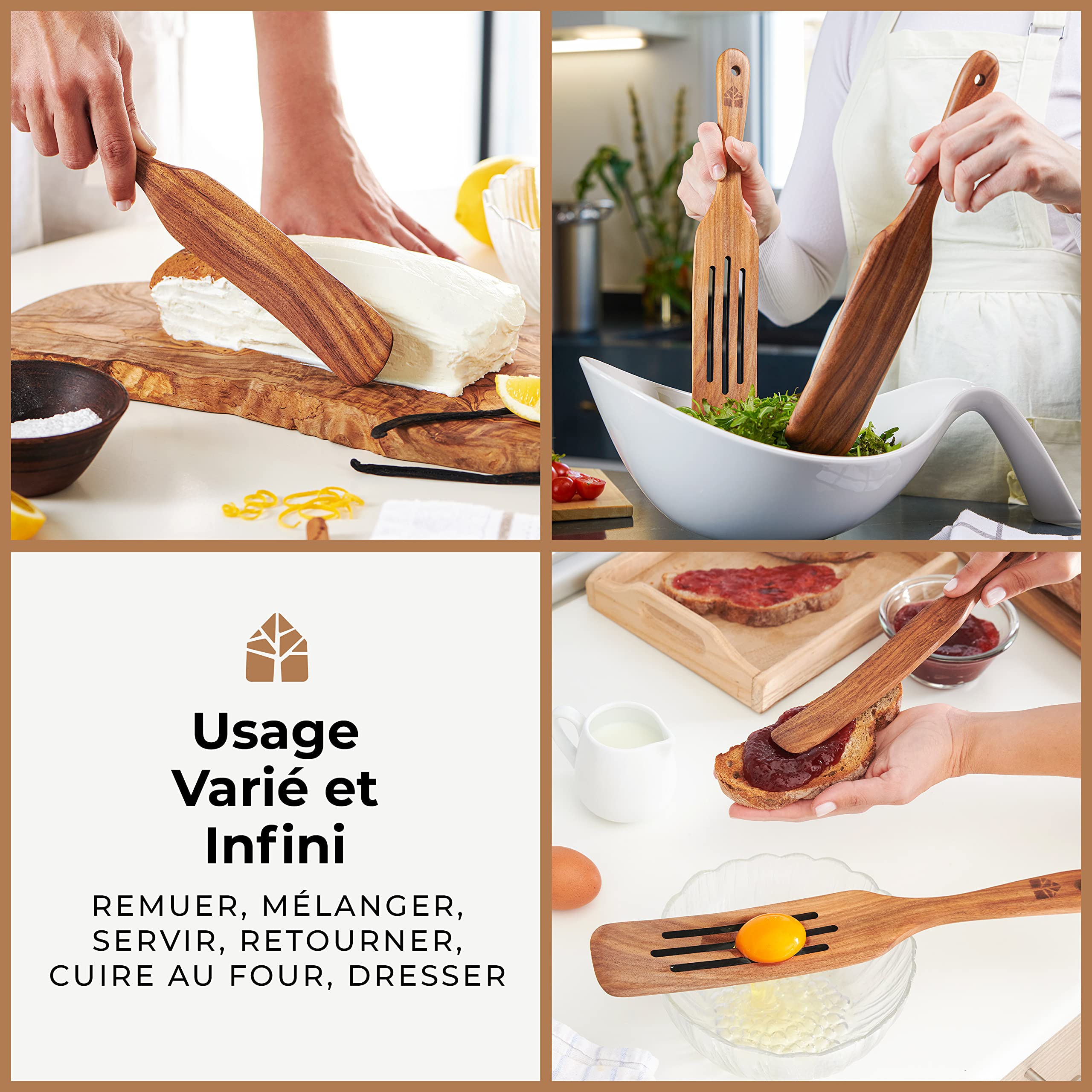 Spurtle en Bois - Lot de 5 Ustensiles de Cuisine Bois Anti-Rayures - 5 Spatules Longues pour Mélanger, Retourner, Gratter et Servir Vos Plats - Spatule Bois Cuisine en Teck, Facile à Nettoyer