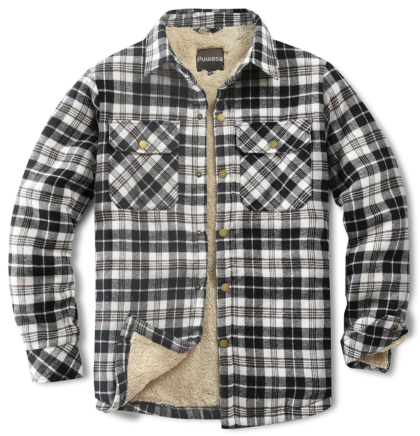 Men's Sherpa Lined Cotton Flannel Shirt Jacket Plaid Button Up Jacket Coat for Men with Pocket