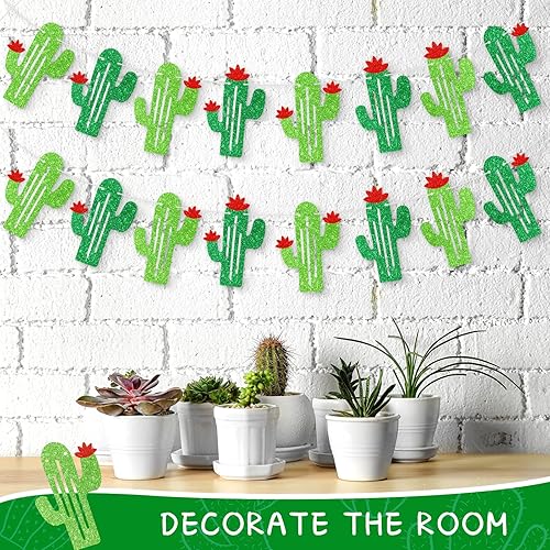 Miniatura 5 de Lewtemi 4 guirnaldas de cactus con purpurina verde, decoración de fiesta temática mexicana para fiesta de cumpleaños, suministros de fiesta de cinco