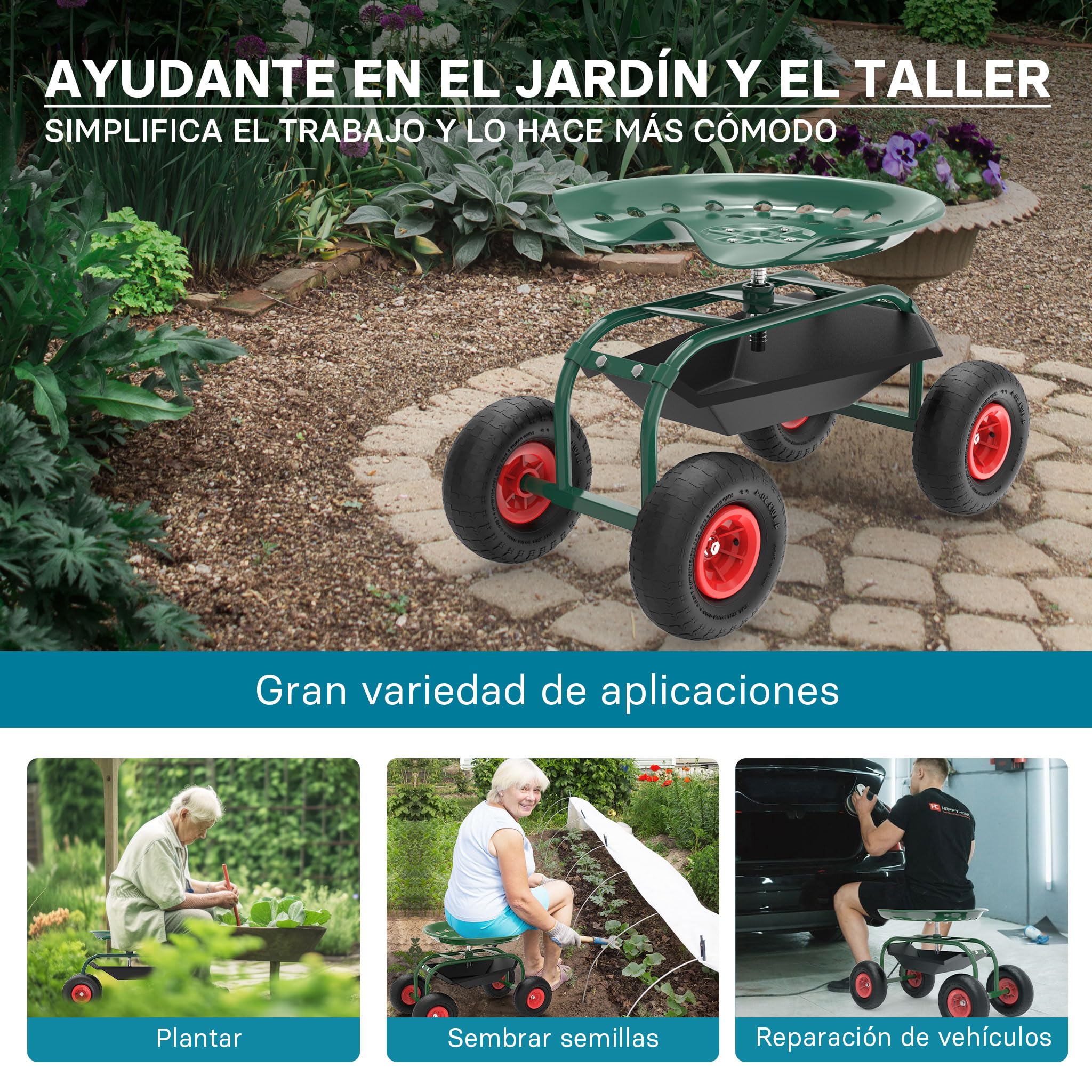 WilTec Asiento Ruedas Taller 150kg Taburete móvil Taller Asiento Trabajo Asiento Ruedas Taburete portátil