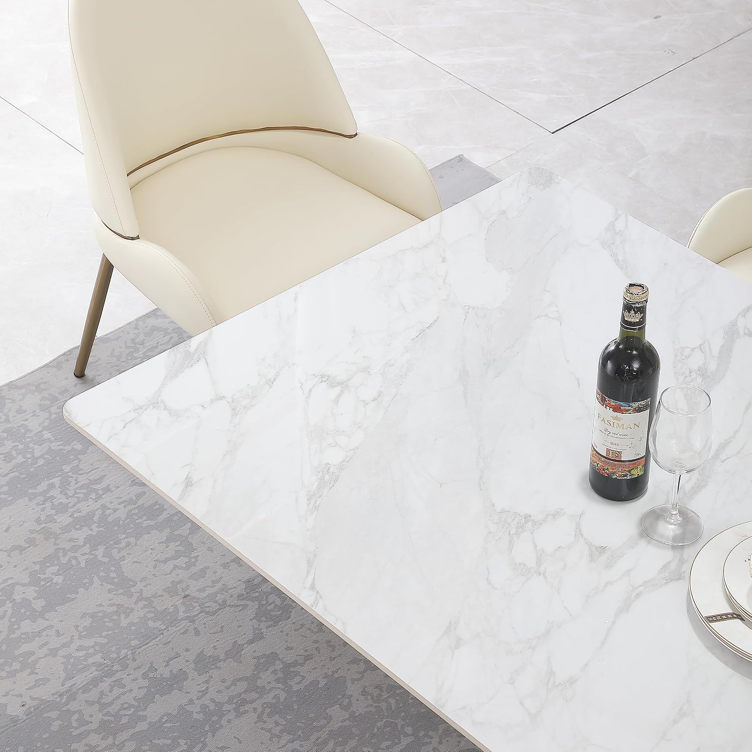 71 Inch Stone DiningTable with Carrara White Color and Round Special Shape Carbon Steel Pedestal Base with 6PCS Chairs XX52