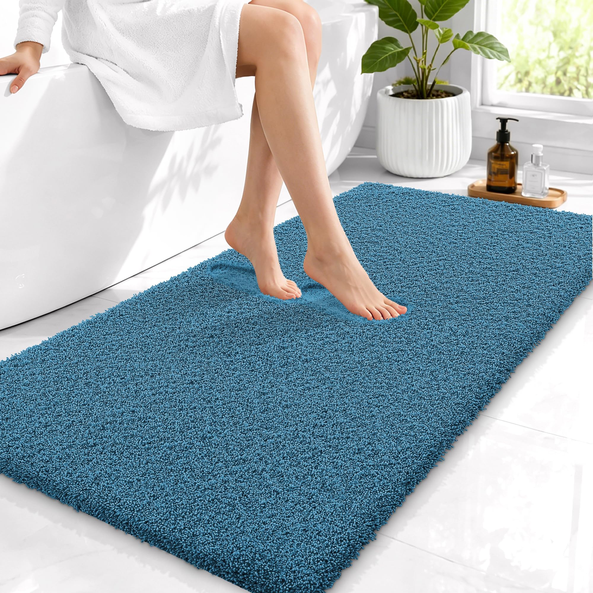 OLANLY Microfiber Bathroom Runner Rugs 44x24, Soft Bath Mat, Peacock Blue