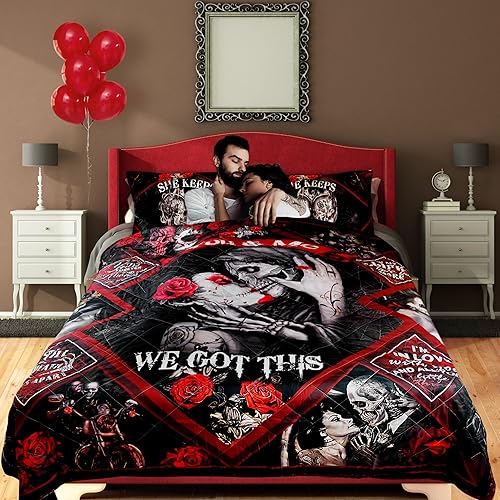 Miniatura 6 de Decoración de ropa de cama de calavera gótica, boda, aniversario, San Valentín, Navidad, regalos de cumpleaños para pareja, él, ella, esposa,