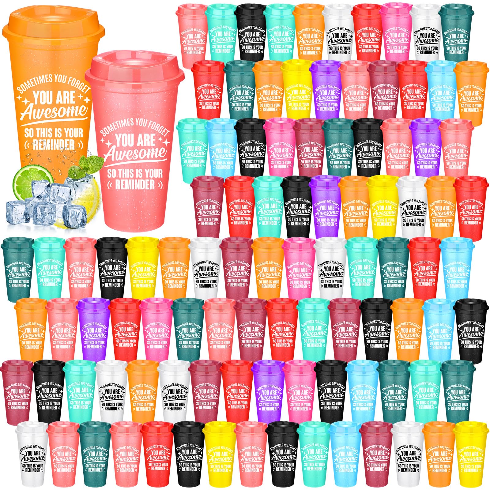 Skylety 100 Pcs Thank You Gifts You Are Awesome Coffee Cups with Lid 16 oz Plastic Tumblers Bulk Inspirational Christmas Appreciation Gift for Employee Coworker Teacher Colleague (Classic Colors)