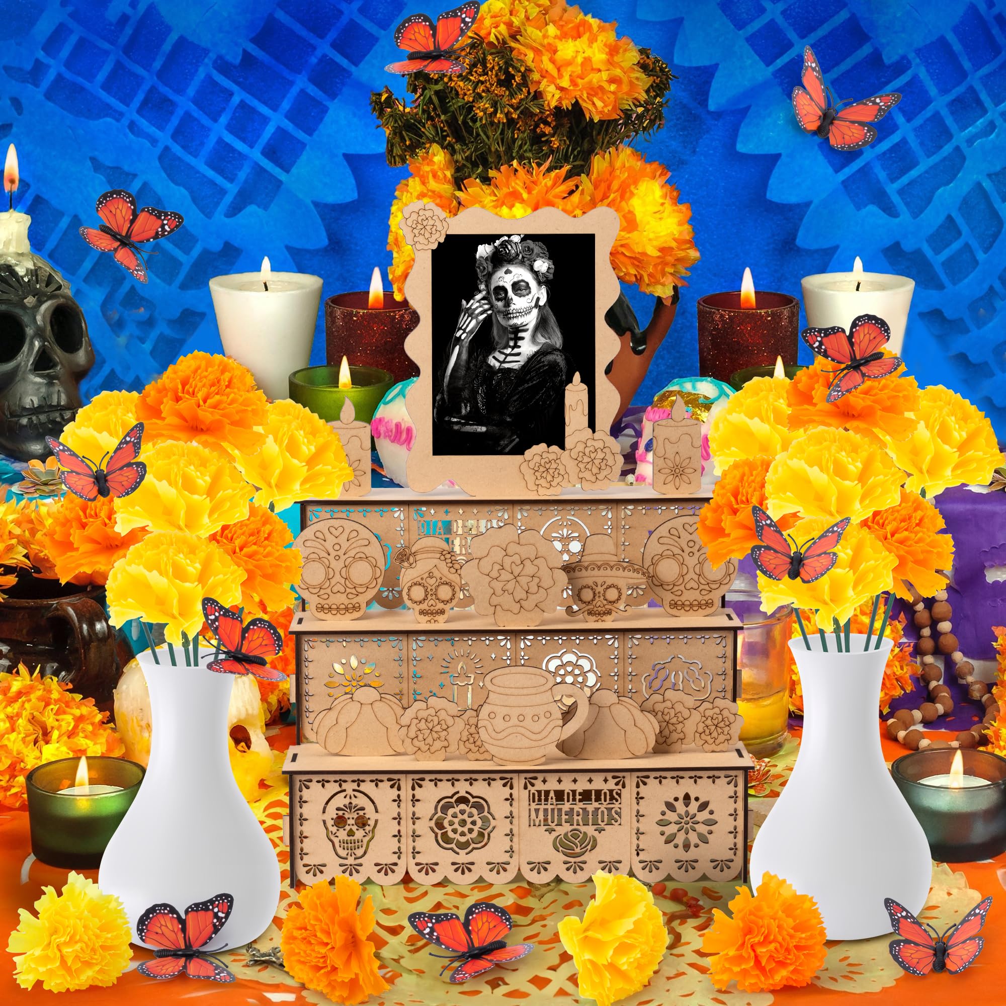COcnny Ołtarz Day of The Dead Ofrenda – 37 szt. drewnianych ramek na zdjęcia zestaw ramek na zdjęcia do dekoracji ołtarza Dia De Los Muertos, nagietka, kwiat, motyl, dekoracja stołu, dekoracja na